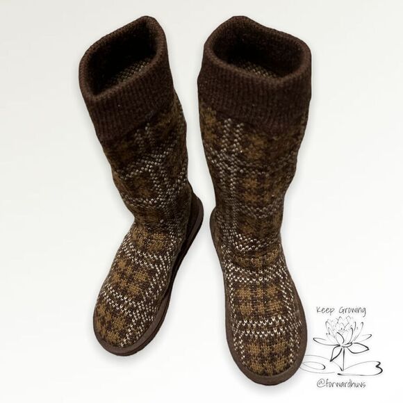 Ugg Jester Brown Plaid Carly Knit Boots Size Youth 3 - Picture 4 of 9